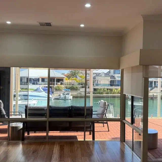 Timber flooring in a riverside Perth living room with water views