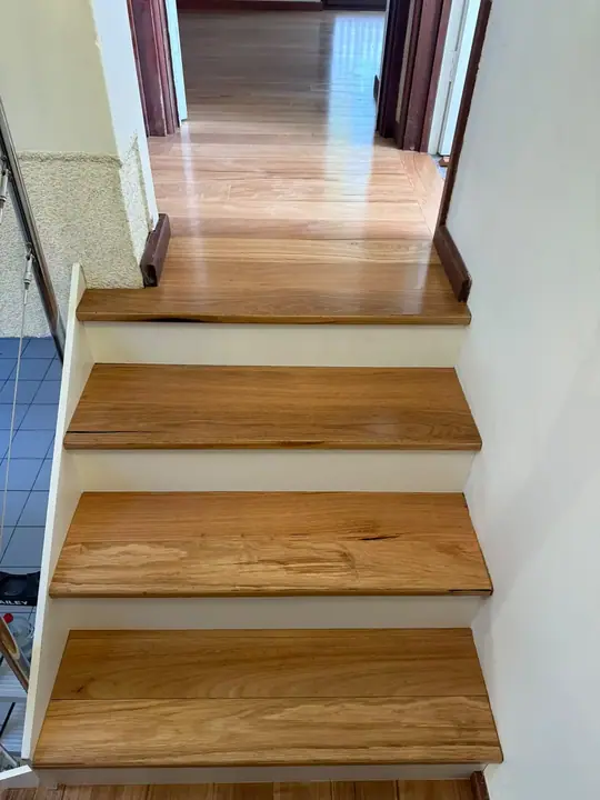 Timber treads and white risers on a modern staircase